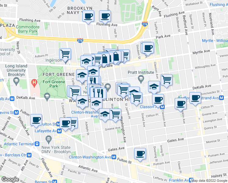 map of restaurants, bars, coffee shops, grocery stores, and more near 270 Washington Avenue in Brooklyn
