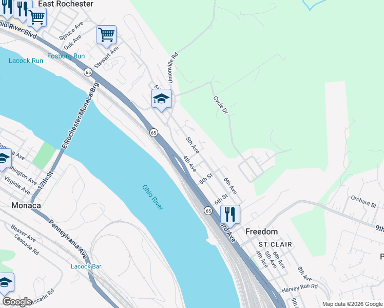 map of restaurants, bars, coffee shops, grocery stores, and more near 455 3rd Street in Freedom