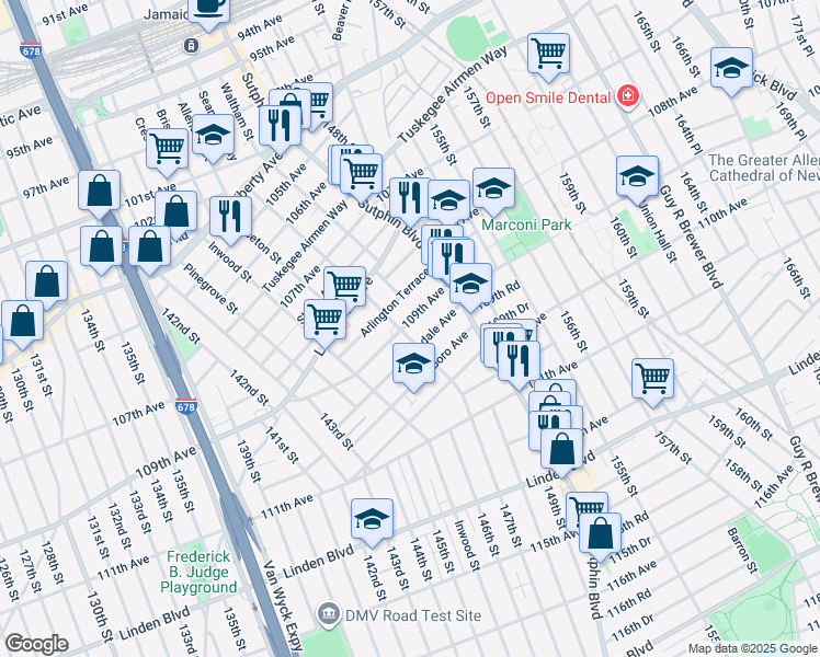 map of restaurants, bars, coffee shops, grocery stores, and more near 109-01 Liverpool Street in Queens