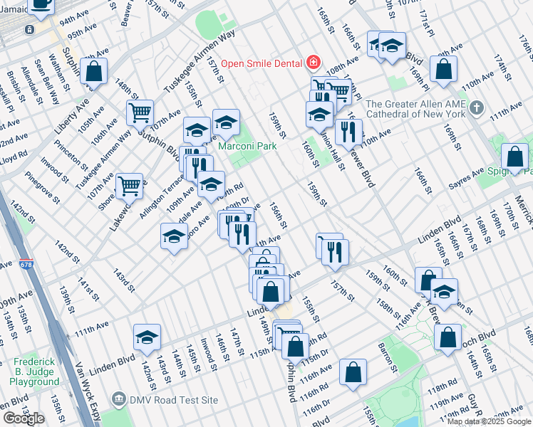 map of restaurants, bars, coffee shops, grocery stores, and more near 110-15 155th Street in Queens