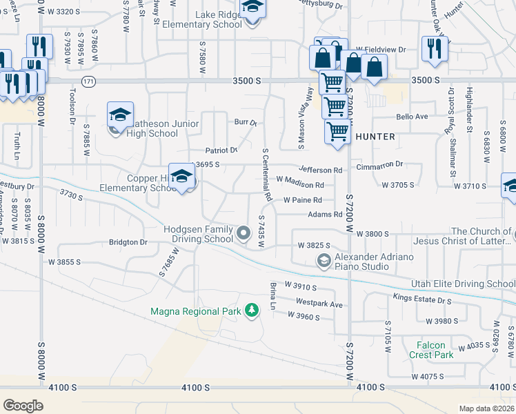 map of restaurants, bars, coffee shops, grocery stores, and more near 3758 Franklin Road in Magna