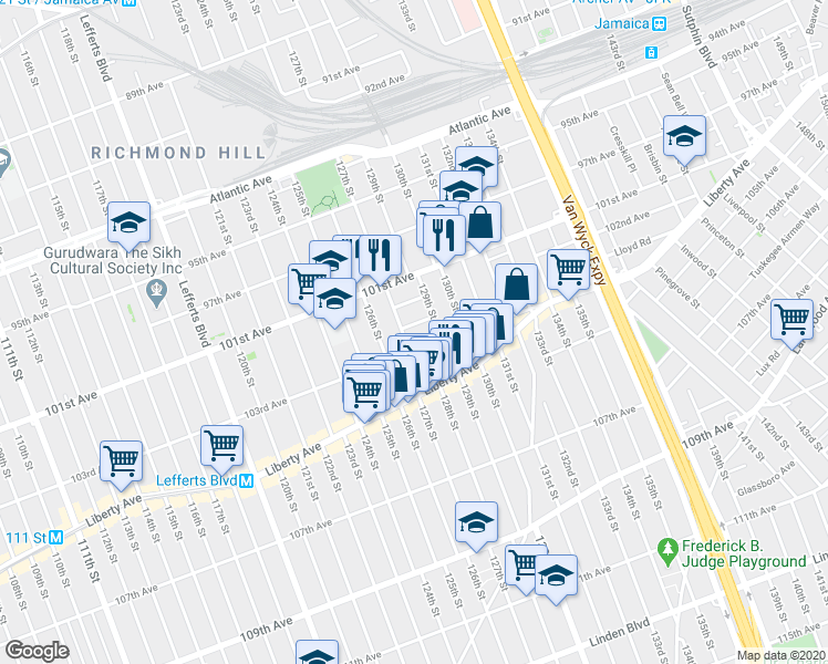 map of restaurants, bars, coffee shops, grocery stores, and more near 127-10 102nd Road in Queens