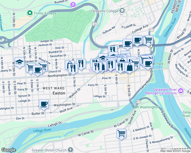 map of restaurants, bars, coffee shops, grocery stores, and more near 604 Walnut St in Easton