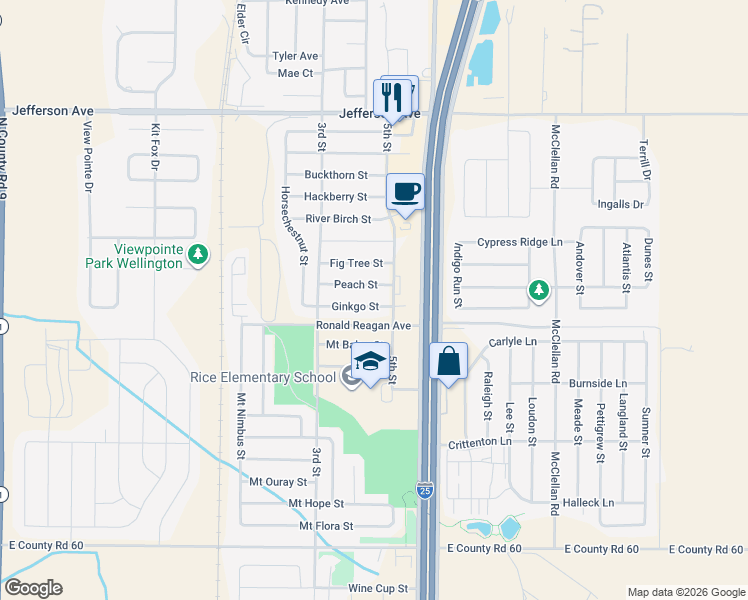 map of restaurants, bars, coffee shops, grocery stores, and more near 3940 Ginkgo Street in Wellington