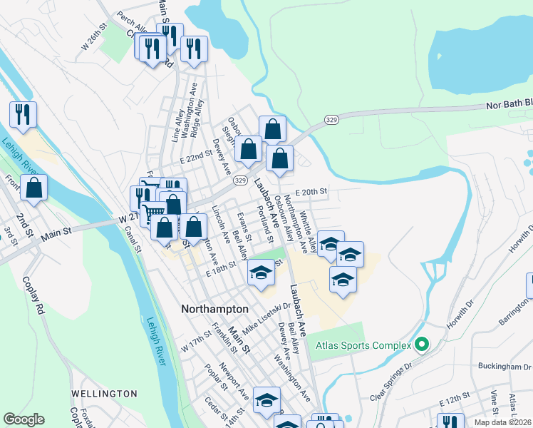 map of restaurants, bars, coffee shops, grocery stores, and more near 427 East 19th Street in Northampton