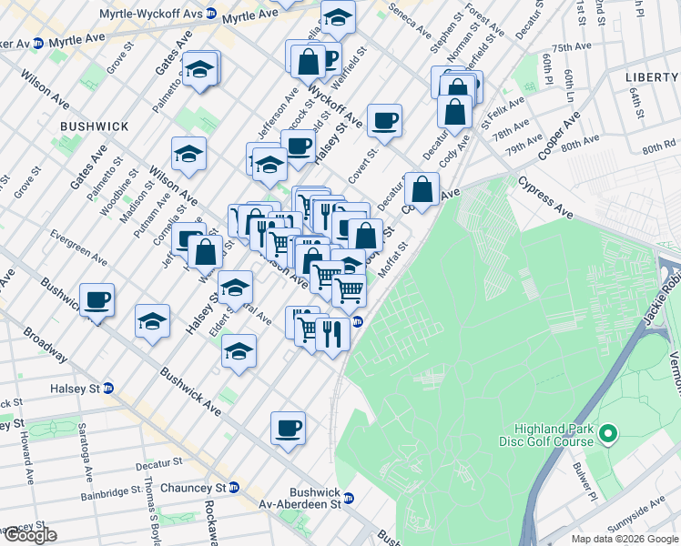 map of restaurants, bars, coffee shops, grocery stores, and more near 235A Cooper Street in Brooklyn