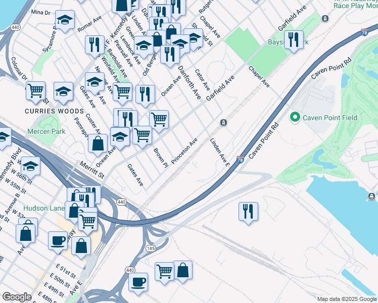 map of restaurants, bars, coffee shops, grocery stores, and more near 302 Princeton Avenue in Jersey City