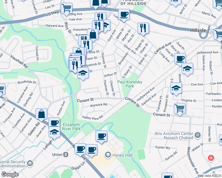 map of restaurants, bars, coffee shops, grocery stores, and more near 1044 Chester Street in Hillside