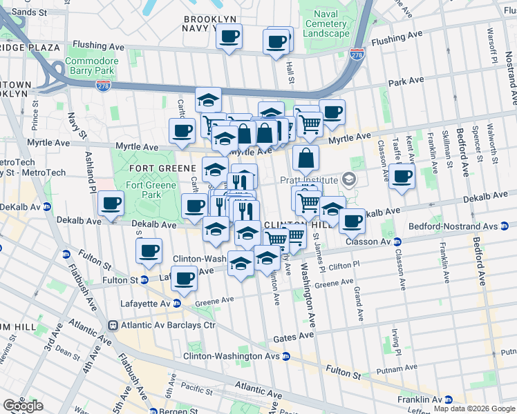 map of restaurants, bars, coffee shops, grocery stores, and more near 258 Clinton Avenue in Brooklyn