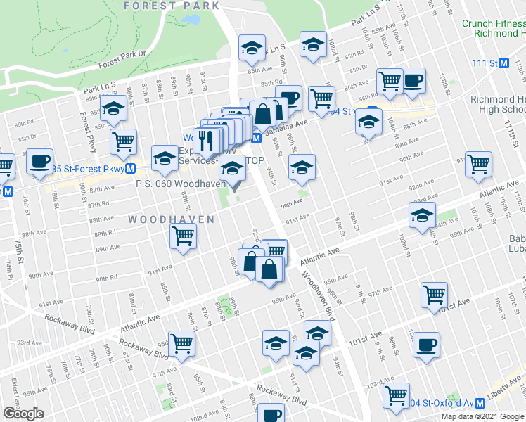 map of restaurants, bars, coffee shops, grocery stores, and more near 89-18 Woodhaven Boulevard in Queens