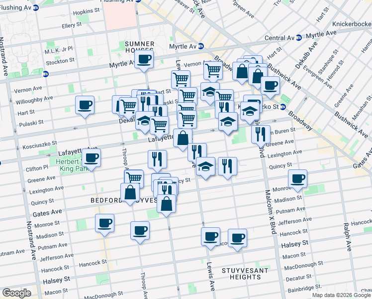 map of restaurants, bars, coffee shops, grocery stores, and more near 181 Lewis Avenue in Brooklyn