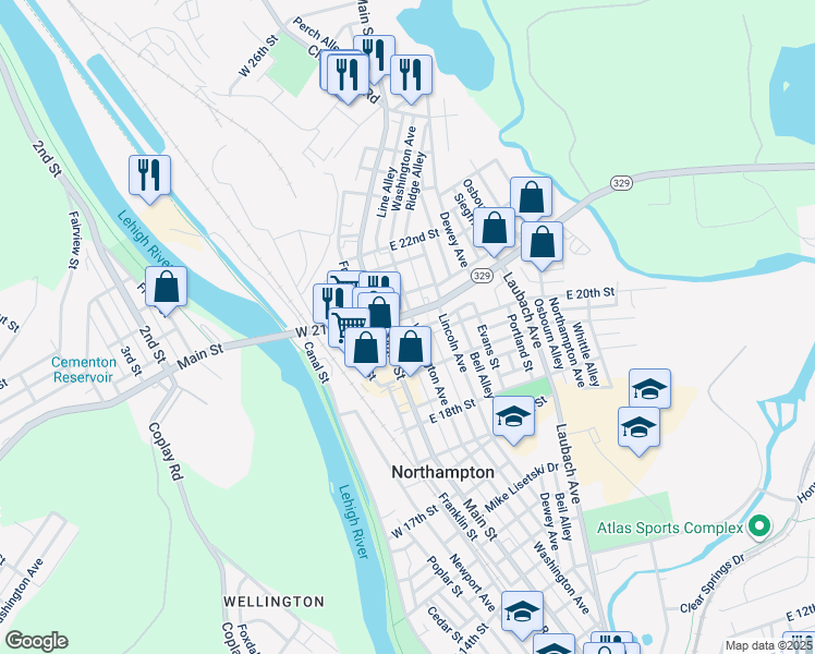 map of restaurants, bars, coffee shops, grocery stores, and more near 2022 Washington Avenue in Northampton