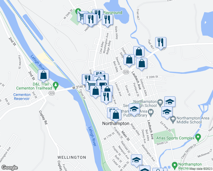 map of restaurants, bars, coffee shops, grocery stores, and more near 2030 Washington Avenue in Northampton