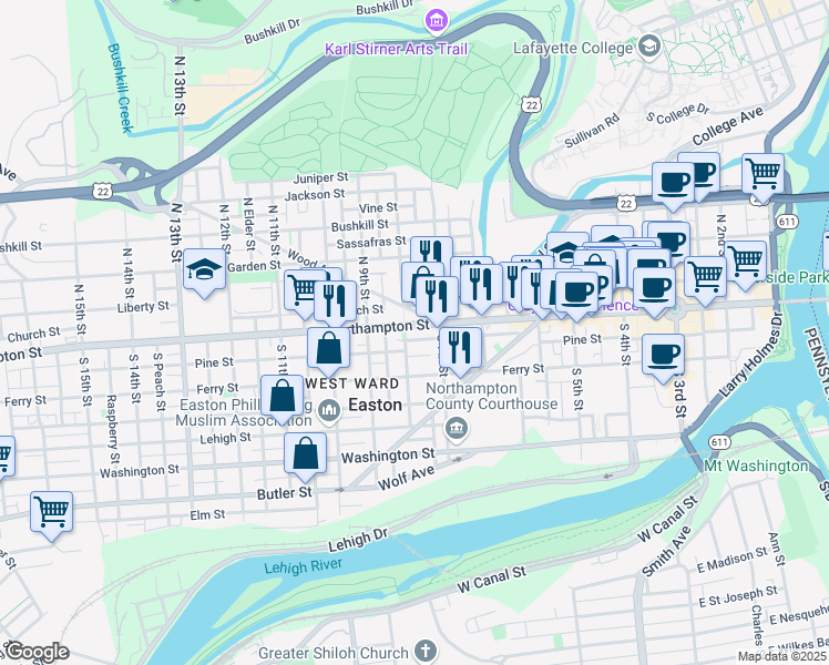 map of restaurants, bars, coffee shops, grocery stores, and more near 732 Northampton Street in Easton