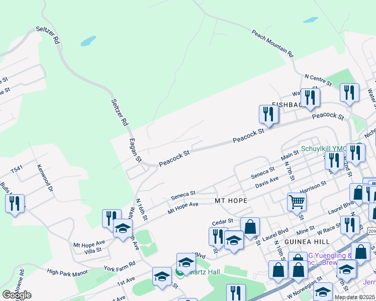 map of restaurants, bars, coffee shops, grocery stores, and more near 708 Peacock Street in Pottsville