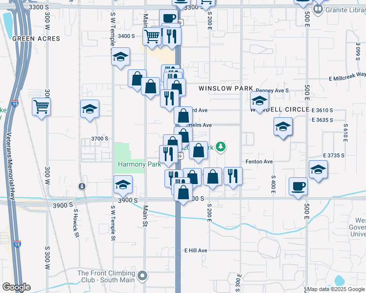 map of restaurants, bars, coffee shops, grocery stores, and more near 3711 State Street in Salt Lake City