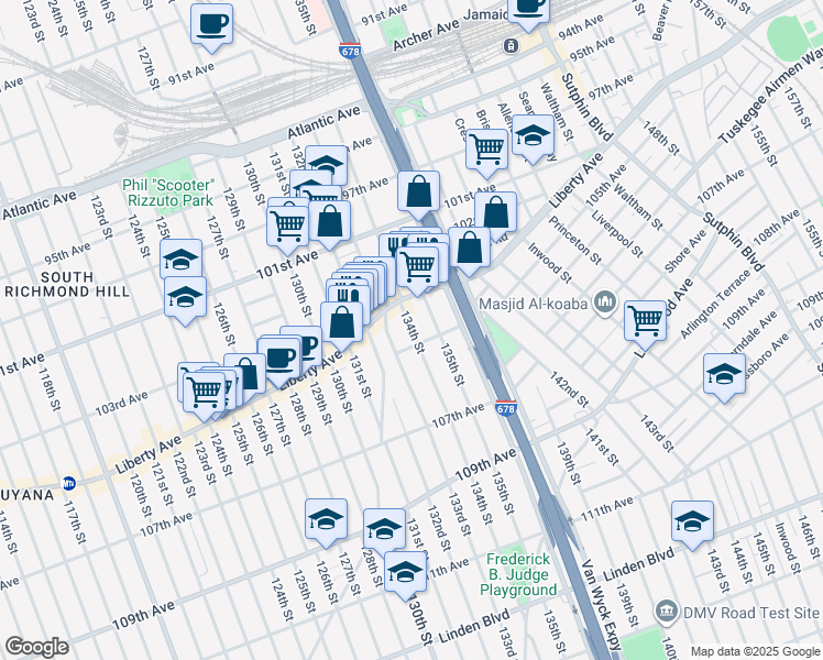 map of restaurants, bars, coffee shops, grocery stores, and more near 104-35 134th Street in Queens