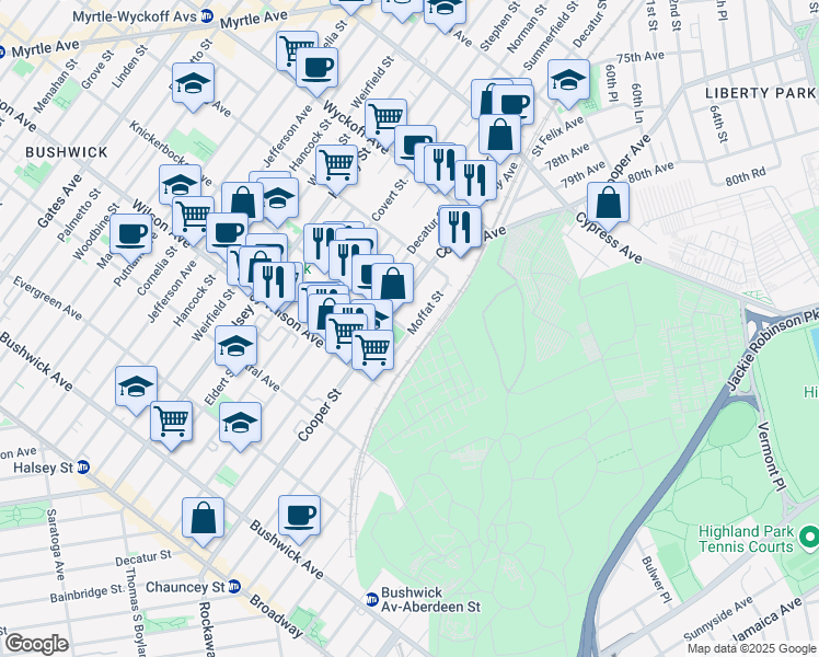 map of restaurants, bars, coffee shops, grocery stores, and more near 919 Knickerbocker Avenue in Brooklyn