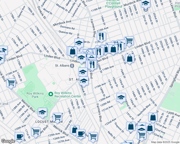 map of restaurants, bars, coffee shops, grocery stores, and more near 117-30 Farmers Boulevard in Queens