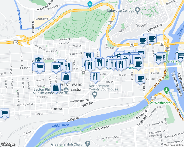 map of restaurants, bars, coffee shops, grocery stores, and more near 698 Northampton Street in Easton