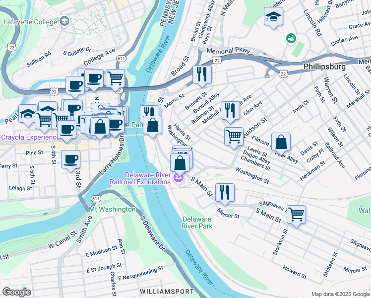 map of restaurants, bars, coffee shops, grocery stores, and more near 116 Washington St in Phillipsburg