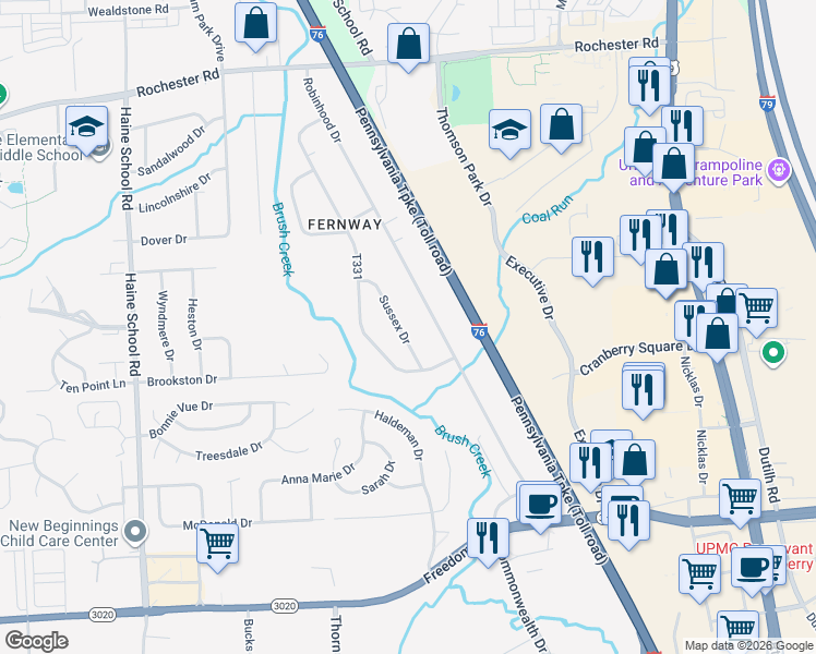 map of restaurants, bars, coffee shops, grocery stores, and more near 419 T333 in Cranberry Township