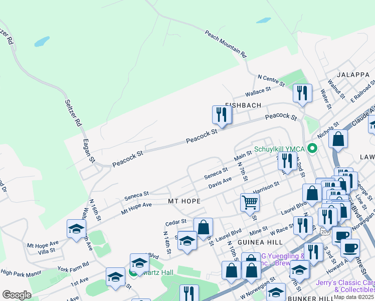 map of restaurants, bars, coffee shops, grocery stores, and more near 429 Peacock Street in Pottsville