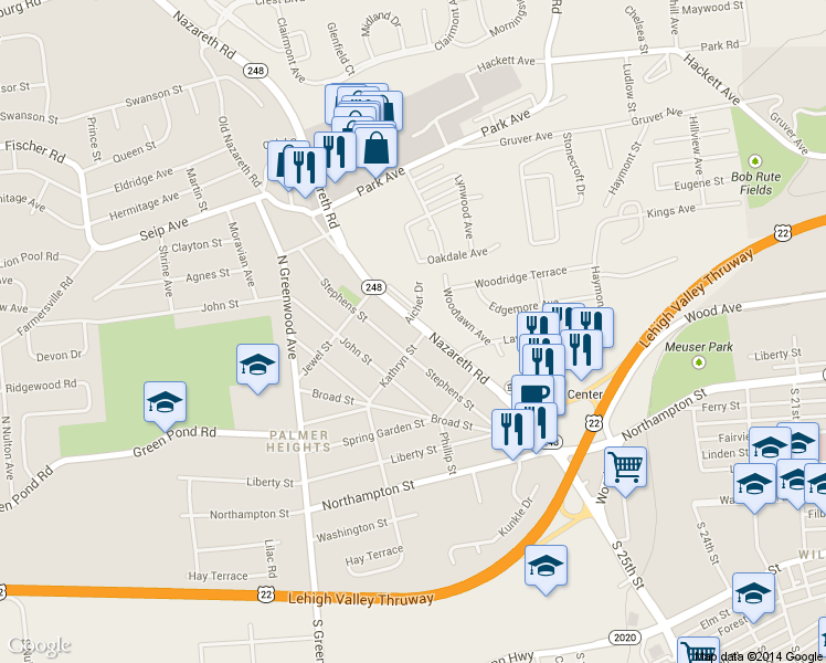 map of restaurants, bars, coffee shops, grocery stores, and more near 2722 Nazareth Road in Easton