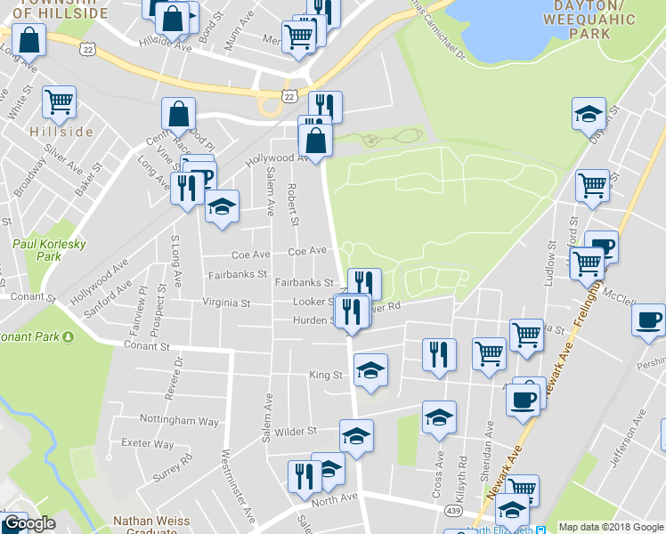 map of restaurants, bars, coffee shops, grocery stores, and more near 1134 North Broad Street in Hillside