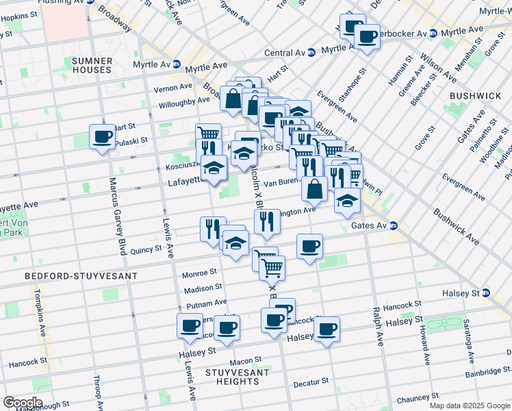 map of restaurants, bars, coffee shops, grocery stores, and more near 94 Malcolm X Boulevard in Brooklyn
