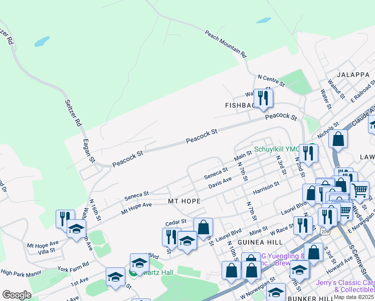 map of restaurants, bars, coffee shops, grocery stores, and more near 429 Peacock Street in Pottsville