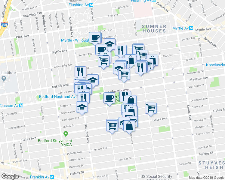 map of restaurants, bars, coffee shops, grocery stores, and more near 675 Lafayette Avenue in Brooklyn