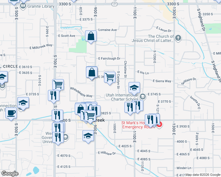 map of restaurants, bars, coffee shops, grocery stores, and more near 3723 900 East in Millcreek