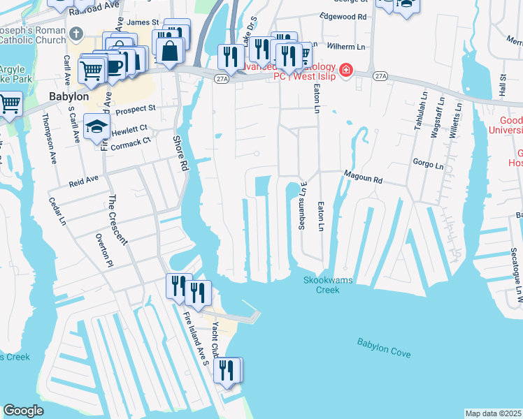 map of restaurants, bars, coffee shops, grocery stores, and more near 83 Sequams Lane West in West Islip
