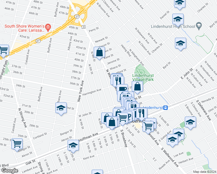 map of restaurants, bars, coffee shops, grocery stores, and more near 23 Harrington Avenue in Lindenhurst