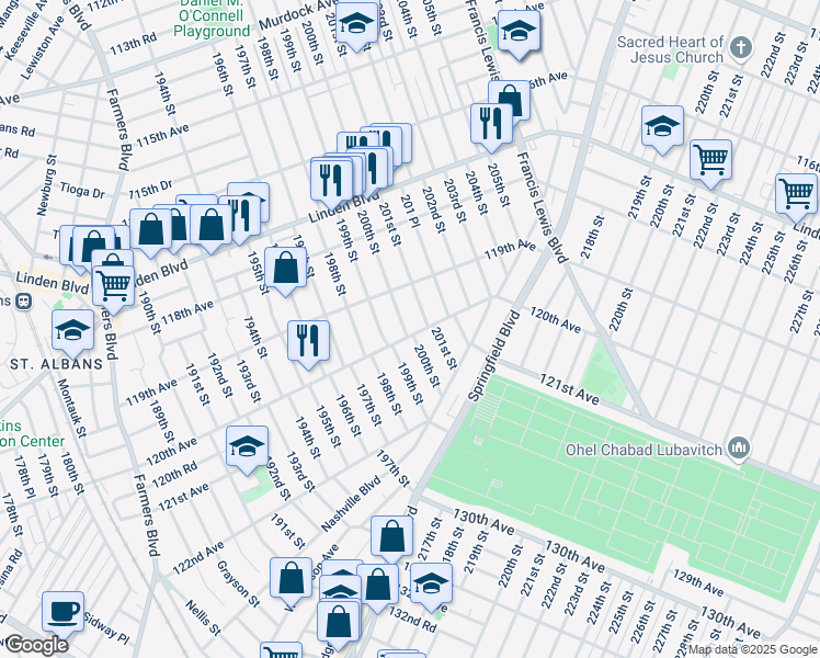 map of restaurants, bars, coffee shops, grocery stores, and more near 119-43 200th Street in Queens