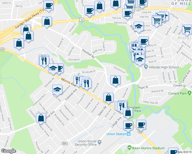 map of restaurants, bars, coffee shops, grocery stores, and more near 1061 Lorraine Avenue in Union