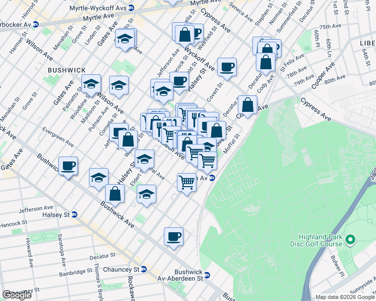 map of restaurants, bars, coffee shops, grocery stores, and more near 222 Schaefer Street in Brooklyn