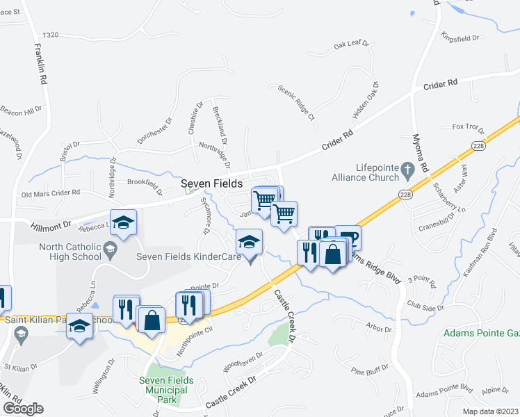 map of restaurants, bars, coffee shops, grocery stores, and more near 250 Jameson Way in Seven Fields