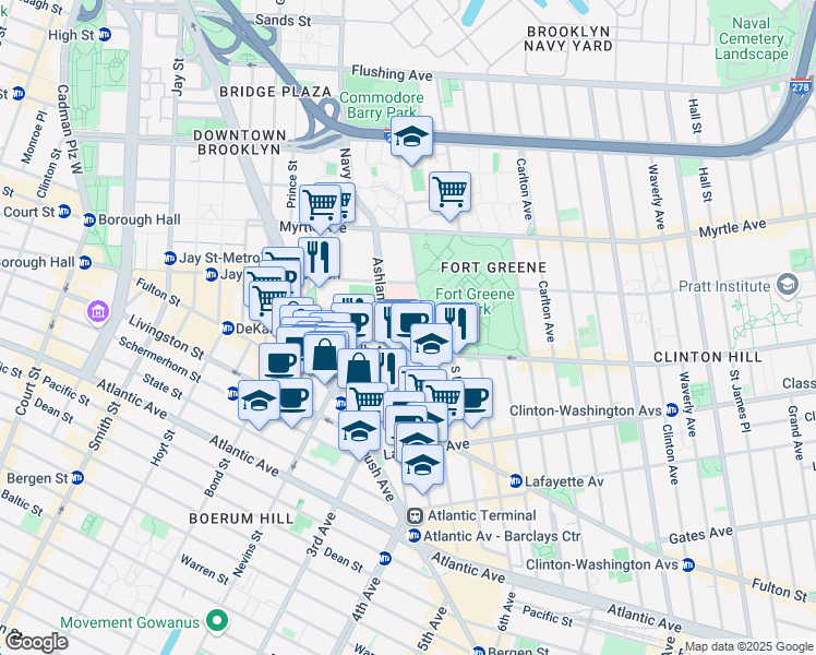 map of restaurants, bars, coffee shops, grocery stores, and more near 117 Dekalb Avenue in Brooklyn