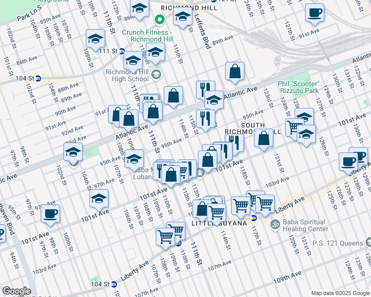 map of restaurants, bars, coffee shops, grocery stores, and more near 95-21 113th Street in Queens