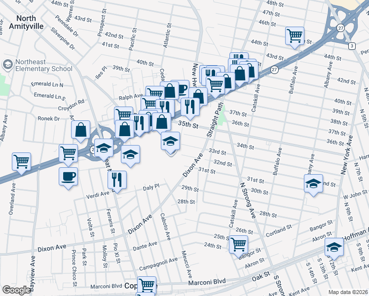 map of restaurants, bars, coffee shops, grocery stores, and more near 30 33rd Street in Copiague
