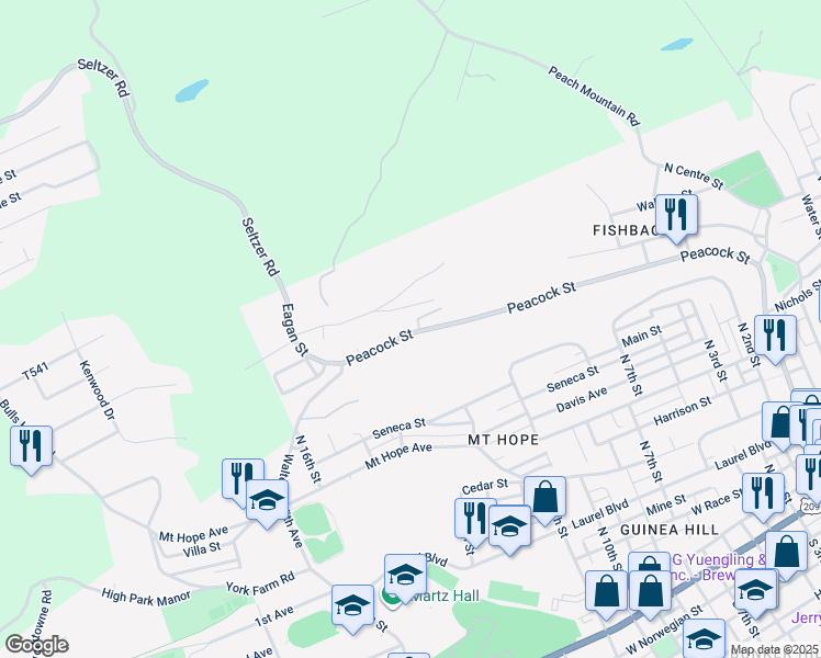 map of restaurants, bars, coffee shops, grocery stores, and more near 708 Peacock Street in Pottsville