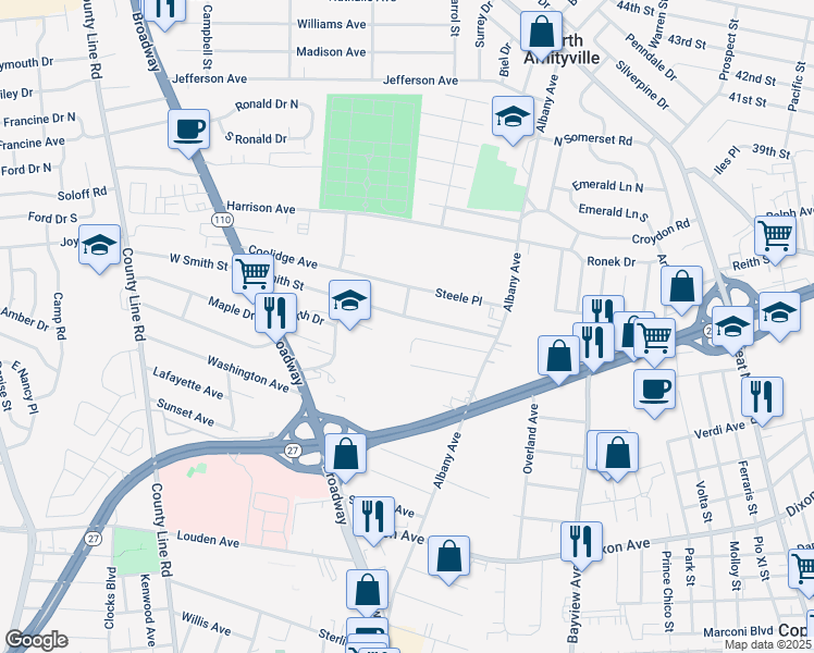 map of restaurants, bars, coffee shops, grocery stores, and more near 93 Smith Street in Amityville