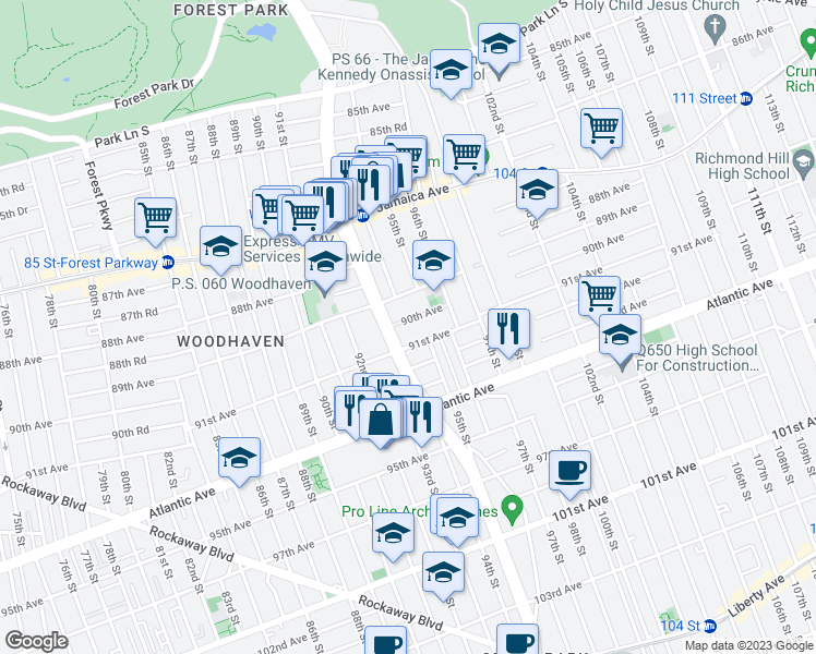 map of restaurants, bars, coffee shops, grocery stores, and more near 93-16 90th Avenue in Queens