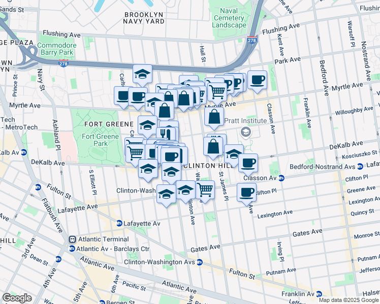 map of restaurants, bars, coffee shops, grocery stores, and more near 245 Clinton Avenue in Brooklyn