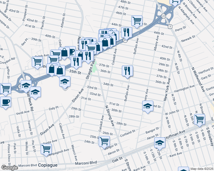 map of restaurants, bars, coffee shops, grocery stores, and more near 399 34th Street in Lindenhurst