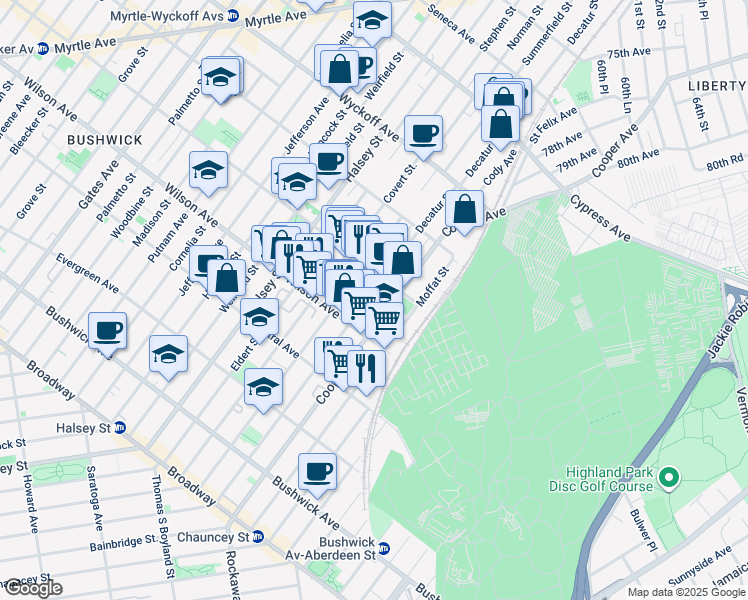 map of restaurants, bars, coffee shops, grocery stores, and more near 1282 Decatur Street in Brooklyn