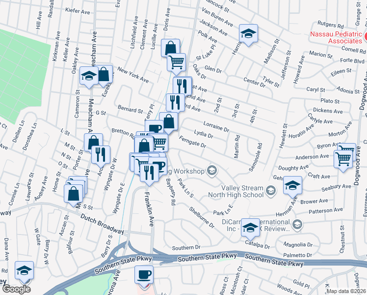 map of restaurants, bars, coffee shops, grocery stores, and more near 1112 Park Lane North in Franklin Square