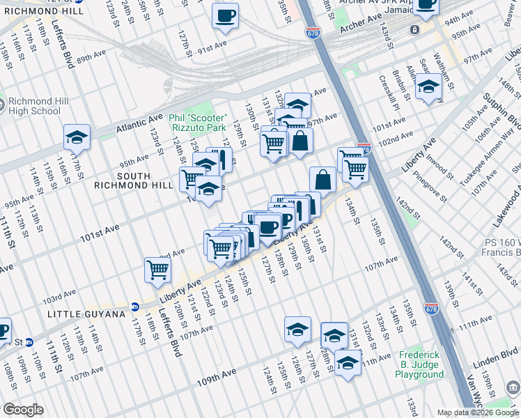 map of restaurants, bars, coffee shops, grocery stores, and more near 127-14 102nd Road in Queens